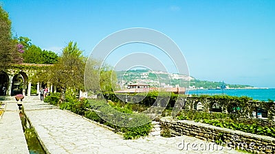 Beautiful landscape od Black Sea and alley in Balchik Palace gardens, Bulgaria Stock Photo