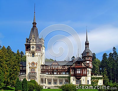 Peles Castle front view, Carpathian Mountains, Transylvania - Walachia, Sinaia, Romania - castelul Peles Stock Photo