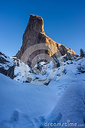 Wall of rock in winter close to Christmas Holiday with pine tree Stock Photo