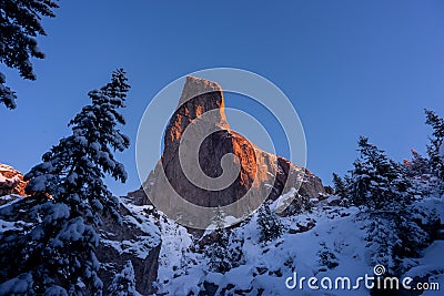 Wall of rock in winter close to Christmas Holiday with pine tree Stock Photo