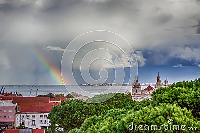 Beautiful landscape with rainbow. Dramatic sky. Lisbon, Portugal Stock Photo