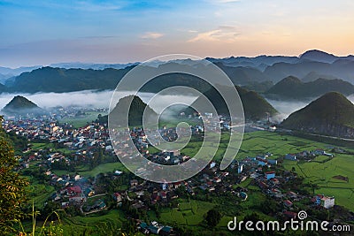 Beautiful landscape with rice paddy field of Fairy bosom or woman breasts twin mountains, Nui Doi, Double Mountains the travel Stock Photo
