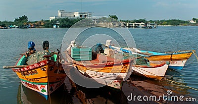 Beautiful landscape of the river arasalaru with fishermen boats near karaikal beach. Editorial Stock Photo