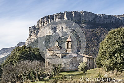 Beautiful landscape with rocallarga mountains and the church of Sant Joan de Fabregues near Rupit , Barcelona, Spain Stock Photo