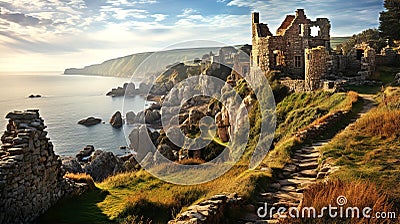 Beautiful landscape with Ruins of medieval English castle staying on rocks at the seaside Stock Photo