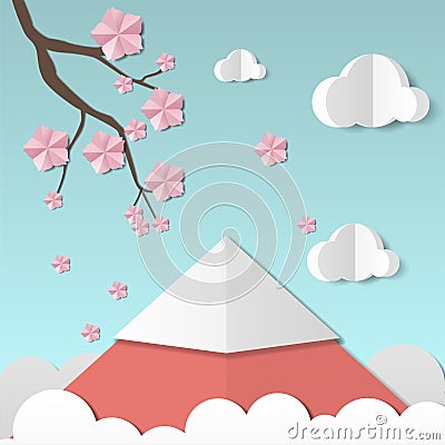 Beautiful landscape with sakura branch and flowers, clouds and mountain. Paper art style. Projects template for business Vector Illustration