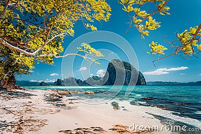 Beautiful landscape scenery of El Nido coastline. Unique amazing Pinagbuyutan island in background framed by tree Stock Photo