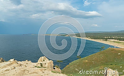 Beautiful landscape of Siberian Lake. Panoramic view of Cape Burhan, Sarai Bay. Olkhon island-heart of lake Baikal Stock Photo