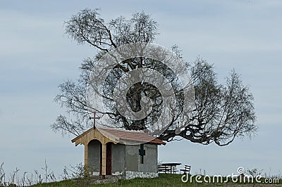 Beautiful landscape with springtime venerable birch tree and old chapel, located in Plana mountain Stock Photo