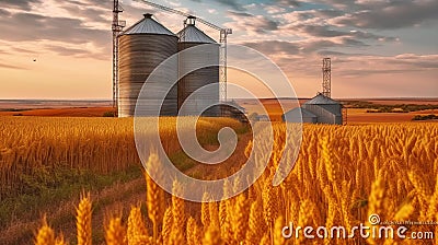 Beautiful landscape of sunset over wheat field at summer, Agricultural Silos for storage and drying of grains, wheat, corn, soy, Stock Photo