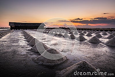 Beautiful landscape at sunset salt Farming. sea-salt production in the country, Stock Photo