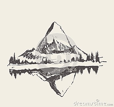 Two mountains spruce forest and lake vector sketch Vector Illustration