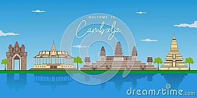 Beautiful landscape view of Cambodia with the world famous landmark. Angkor Wat, Siem Reap, Phnom Phenh, Silver Pagoda. Business Vector Illustration