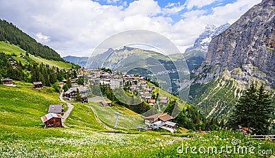 Beautiful Landscape view of Charming Murren Mountain Village with Lauterbrunnen Valley and Swiss Alps background, Jungfrau region Stock Photo