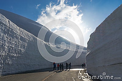 Beautiful landscape view of giant snow wall, Tateyama Alpine Route, Japan Alps. Toyama Prefecture, Japan. Editorial Stock Photo