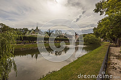 Beautiful landscape view of the lake with a fountain in the park. Uppsala, Sweden. Editorial Stock Photo
