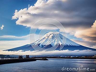 Beautiful landscape view of Mt.Fuji covered with white snow lake and cherry blossom sakura Stock Photo