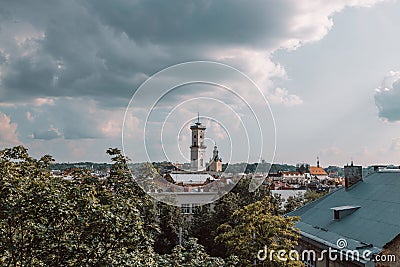 Beautiful landscape view of old town lviv city center on sunset. Lviv region, Ukraine, Europe Stock Photo