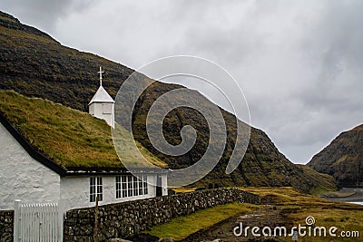 Traditional historic Lutheran Church, Saksun village, Faroe Islands Stock Photo