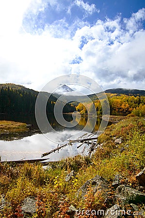 Beautiful landscape of the Wood's Lake Telluride, Colorado with golden fall aspens and pines Stock Photo