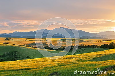 Beautiful landscape of yellow paddy field and mountain at sunset. Stock Photo