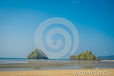 Beautiful landscapoe of two mountains in the horizont in the chicken beach at Andaman Sea, South of Thailand Stock Photo
