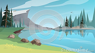 Beautiful lanscape with a pond, river or lake Vector Illustration