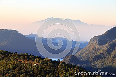 Beautiful lanscape view on mountains during sunrise. Stock Photo