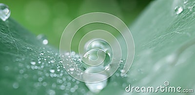 Beautiful large raindrops on a green leaf macro Drops of dew on a sunny morning Stock Photo