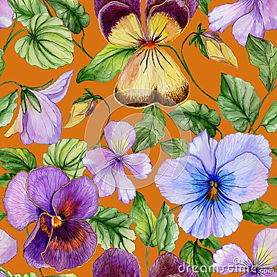 Beautiful large vivid viola flowers with green leaves on orange background. Seamless spring or summer floral pattern. Cartoon Illustration