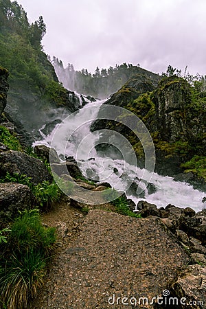 Beautiful Latefossen waterfall of Norwegian landscape Stock Photo