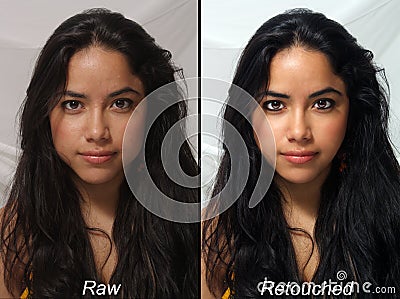 Beautiful Latina, Raw Versus Retouched Stock Photo