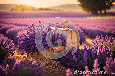 Beautiful lavender field at sunset Stock Photo