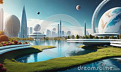 Beautiful lawn graphic digital vivid on the water, futuristic white city, surrounded by pearls and planets in the sky Stock Photo