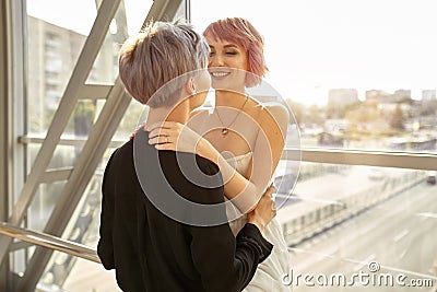 Beautiful lesbian couple hugging. Love and passion between the two girls. Stock Photo