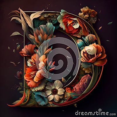 Beautiful letter D with colorful flowers and leaves on dark background. Stock Photo