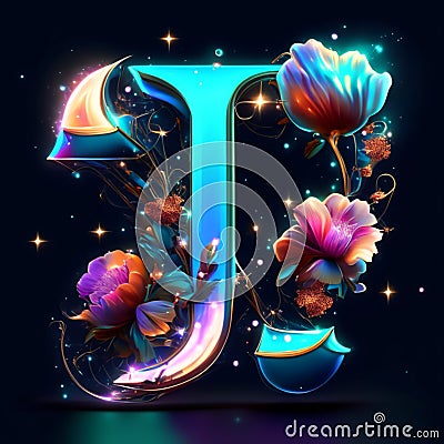 Beautiful letter T with flowers on dark background. Vector illustration. AI generated Cartoon Illustration