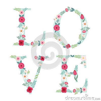 Beautiful letters decorated with hand drawn rustic flowers Vector Illustration