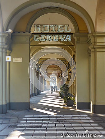 Beautiful colonnade near Turin train station, Italy Editorial Stock Photo