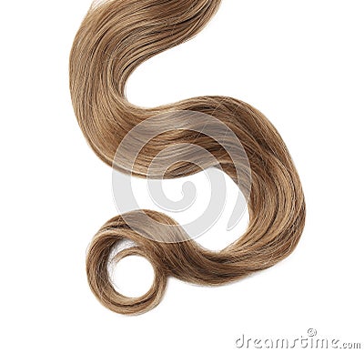 Beautiful light brown hair on white, top view. Hairdresser service Stock Photo