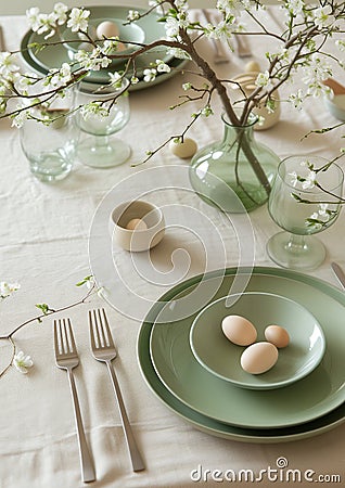 Beautiful light green and beige colors morning table decoration lace tablecloth and napkins, spring cherry blossom branch, silver Stock Photo