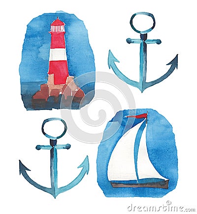 beautiful lighthouse sailboat anchored in the group of watercolor hand sketch Stock Photo