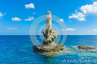 The beautiful Lighthouse Tourlitis of Chora in Andros island, Cy Stock Photo