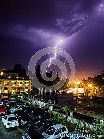 Beautiful lightning over city of New Dawn. Russia Sochi 08.22.2019 Editorial Stock Photo