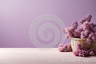 Beautiful lilac flowers in basket on wooden table against purple background Stock Photo