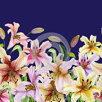 Beautiful lily flowers with green leaves on vivid blue background. Seamless floral pattern. Watercolor painting. Cartoon Illustration