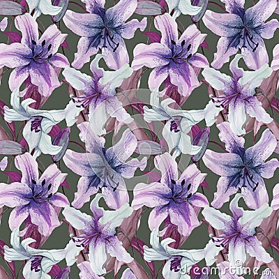 Beautiful lily flowers with leaves on gray background. Tints of purple, blue, lilac. Seamless floral pattern. Watercolor painting. Cartoon Illustration