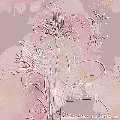 Beautiful lily flowers textured 3d seamless pattern. Floral embossed watercolor pink lilies background. Grunge dirty colorful Vector Illustration