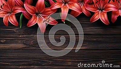 Beautiful lily flowers on wooden background, top view. Space for text Stock Photo
