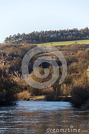 Beautiful limestone valley with calm river Berounka during sunset, coniferous forest on hill in background Stock Photo